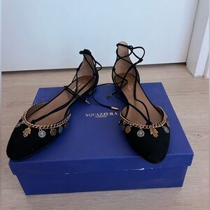 Aquazzura Black Flats with Gold Chain Detail